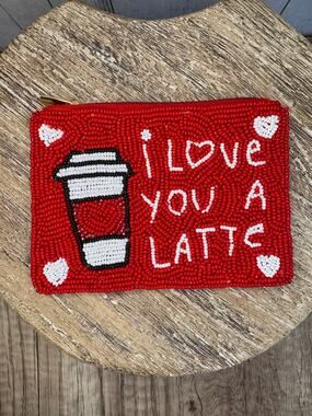 Beaded Coin Purse Red Latte Love White Wallet Travel Pouch Womens Accessories